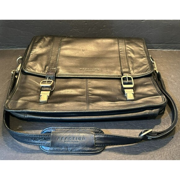Kenneth Cole Reaction Black Leather Laptop Messenger Bag 12" T x 16" W x 5" D - Picture 1 of 4